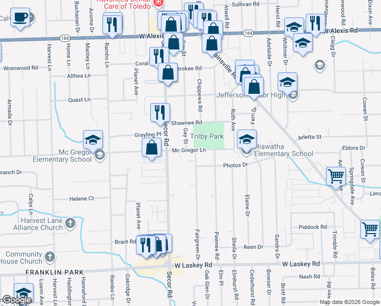 map of restaurants, bars, coffee shops, grocery stores, and more near 5355 Fairgreen Drive in Toledo