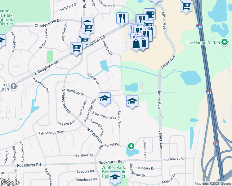 map of restaurants, bars, coffee shops, grocery stores, and more near 548 Falconridge Way in Bolingbrook