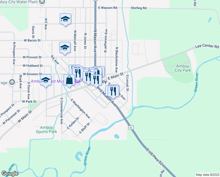 map of restaurants, bars, coffee shops, grocery stores, and more near 217 South Jefferson Avenue in Amboy
