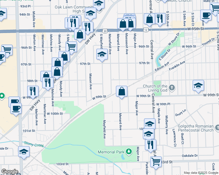 map of restaurants, bars, coffee shops, grocery stores, and more near 9816 Mansfield Avenue in Oak Lawn