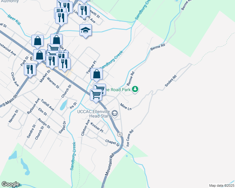 map of restaurants, bars, coffee shops, grocery stores, and more near 5 Berme Road in Ellenville