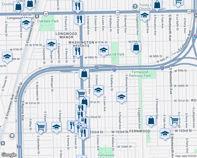 map of restaurants, bars, coffee shops, grocery stores, and more near 9927 South Union Avenue in Chicago