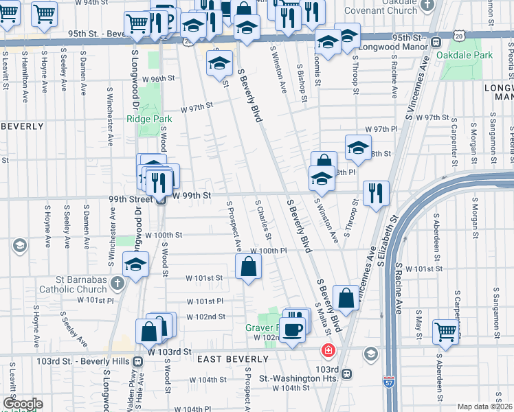 map of restaurants, bars, coffee shops, grocery stores, and more near 9914 South Charles Street in Chicago