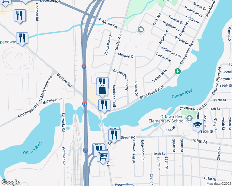 map of restaurants, bars, coffee shops, grocery stores, and more near 2034 Ruthanne Drive in Toledo