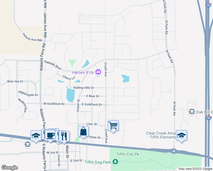 map of restaurants, bars, coffee shops, grocery stores, and more near 1500 North Croell Avenue in Tiffin
