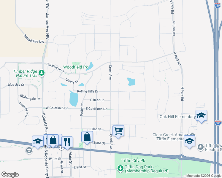 map of restaurants, bars, coffee shops, grocery stores, and more near 1502 North Croell Avenue in Tiffin