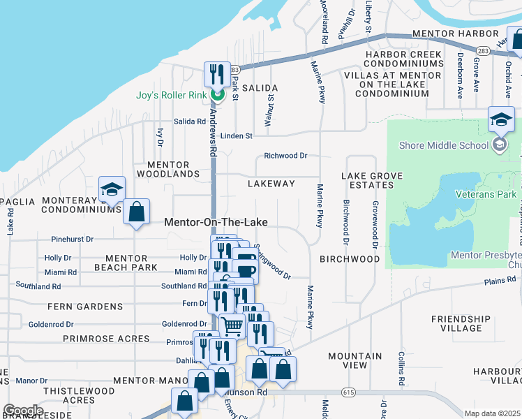 map of restaurants, bars, coffee shops, grocery stores, and more near 5793 Springwood Court in Mentor-on-the-Lake