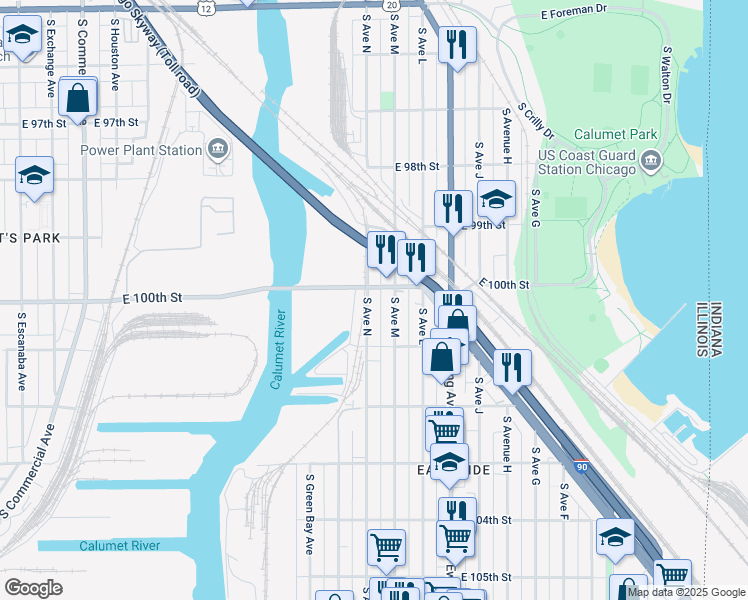 map of restaurants, bars, coffee shops, grocery stores, and more near 10013 South Avenue North in Chicago