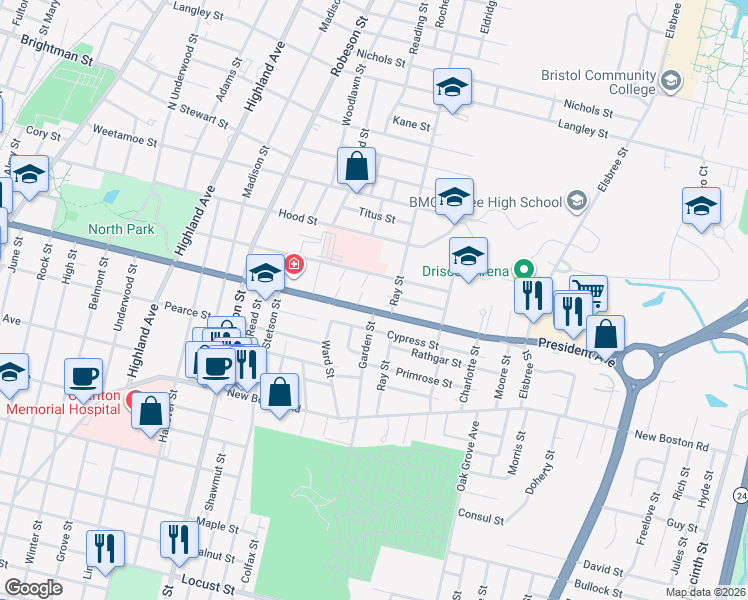 map of restaurants, bars, coffee shops, grocery stores, and more near 20 Jefferson Court in Fall River