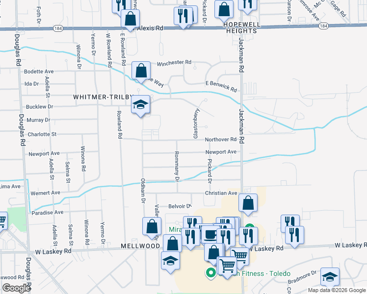 map of restaurants, bars, coffee shops, grocery stores, and more near 1910 Newport Avenue in Toledo