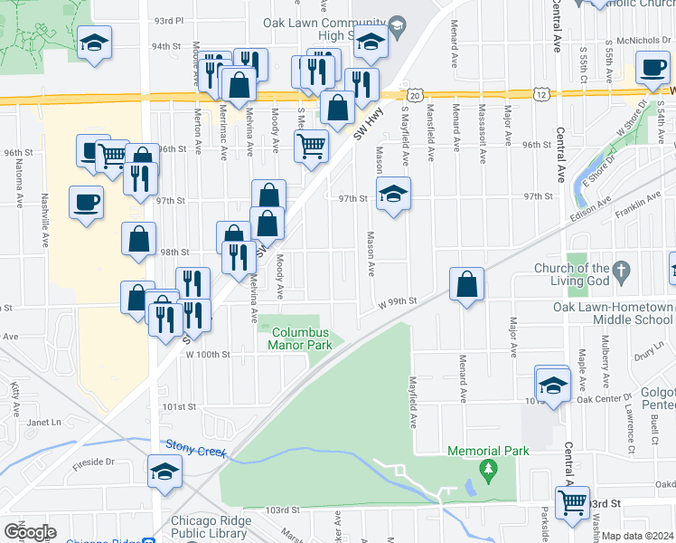 map of restaurants, bars, coffee shops, grocery stores, and more near 9817 McVicker Avenue in Oak Lawn
