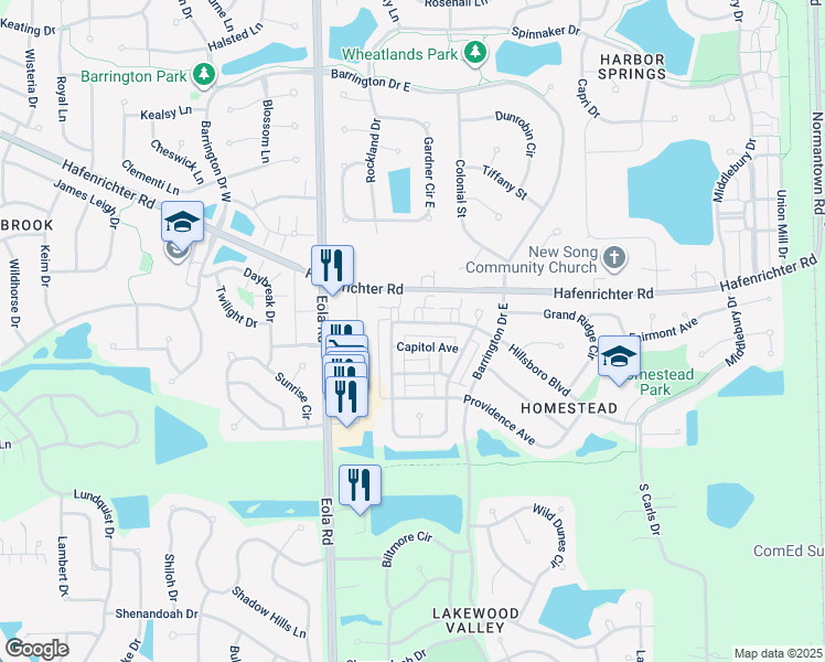 map of restaurants, bars, coffee shops, grocery stores, and more near 2535 Hillsboro Boulevard in Aurora