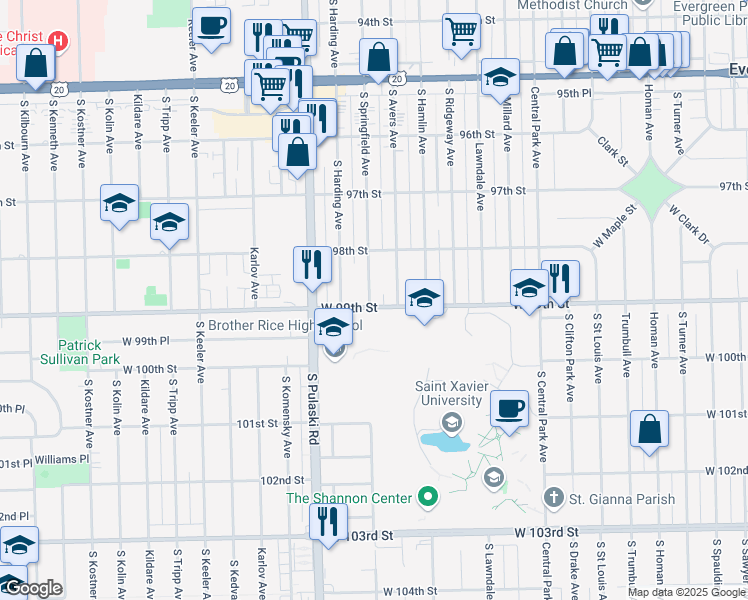 map of restaurants, bars, coffee shops, grocery stores, and more near 3858 West 99th Street in Evergreen Park