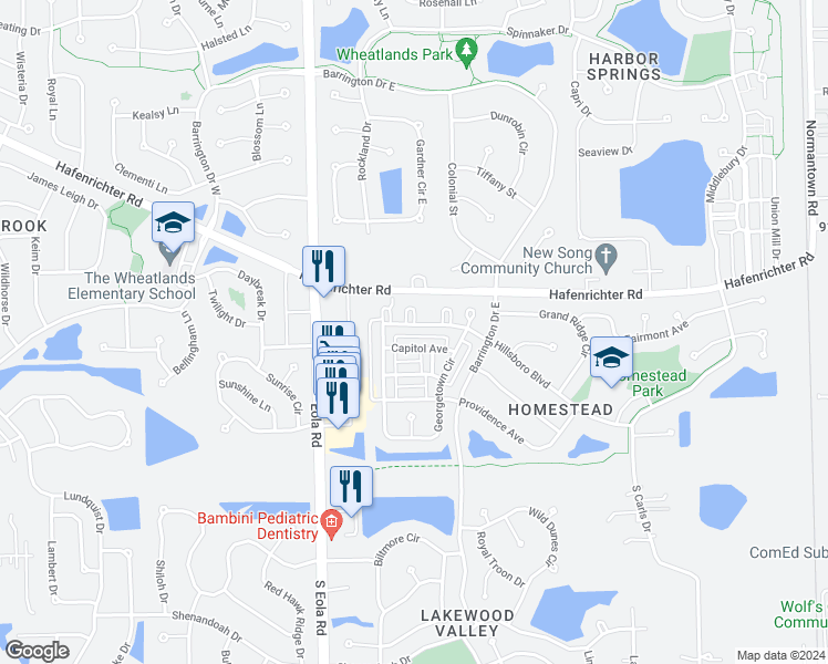 map of restaurants, bars, coffee shops, grocery stores, and more near 2543 Hillsboro Boulevard in Aurora