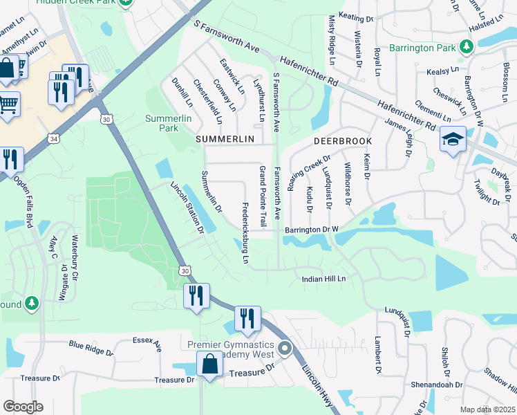 map of restaurants, bars, coffee shops, grocery stores, and more near 2269 Grand Pointe Trail in Aurora