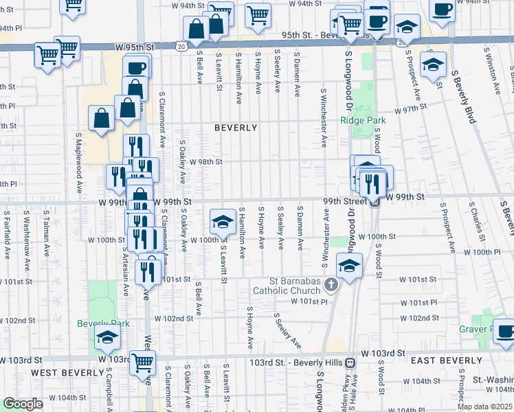 map of restaurants, bars, coffee shops, grocery stores, and more near 9904 South Hoyne Avenue in Chicago