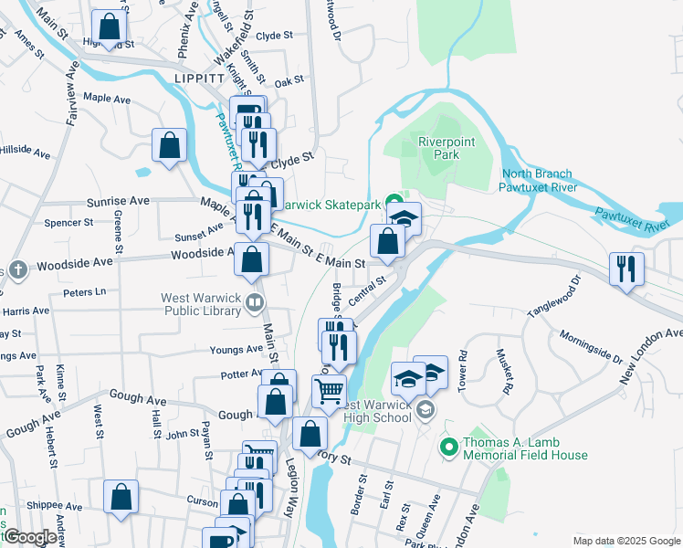 map of restaurants, bars, coffee shops, grocery stores, and more near 33 Bridge St in West Warwick
