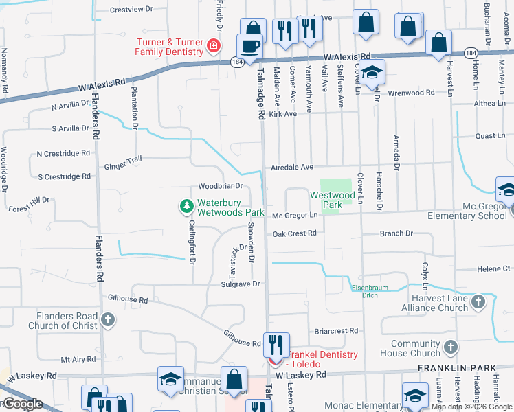 map of restaurants, bars, coffee shops, grocery stores, and more near 5410 Snowden Drive in Toledo
