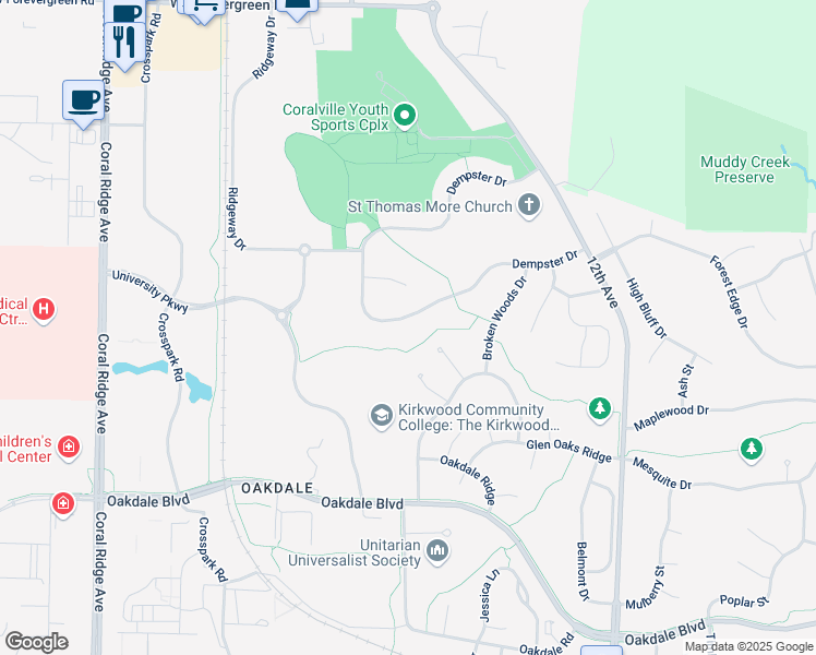 map of restaurants, bars, coffee shops, grocery stores, and more near 2166 Dempster Dr in Coralville