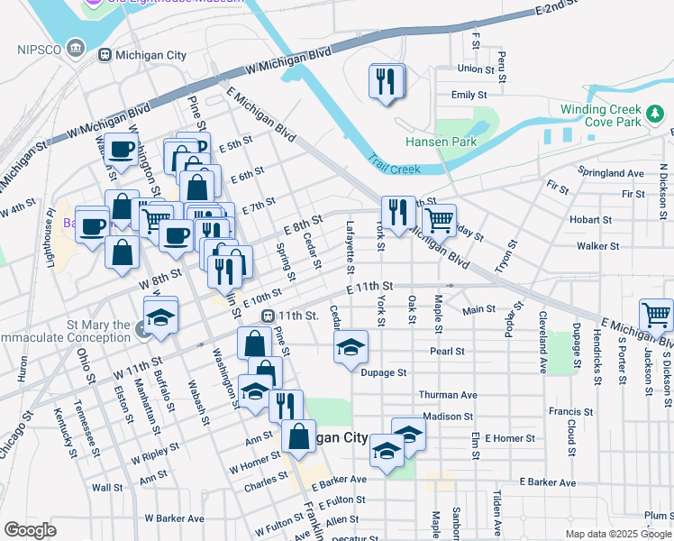 map of restaurants, bars, coffee shops, grocery stores, and more near 402 East 10th Street in Michigan City
