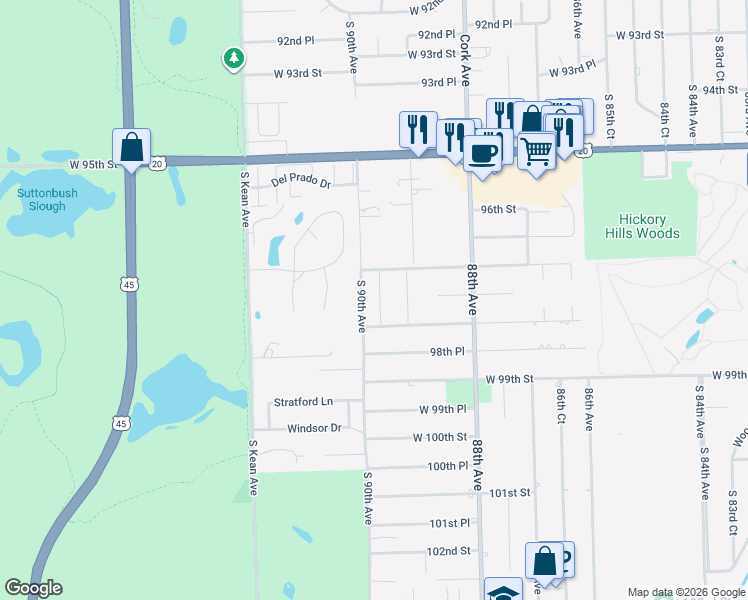 map of restaurants, bars, coffee shops, grocery stores, and more near 9731 South 90th Avenue in Palos Hills