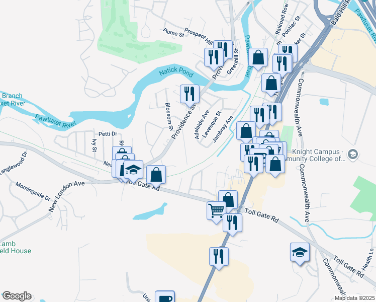 map of restaurants, bars, coffee shops, grocery stores, and more near 58 Brayton Avenue in Warwick