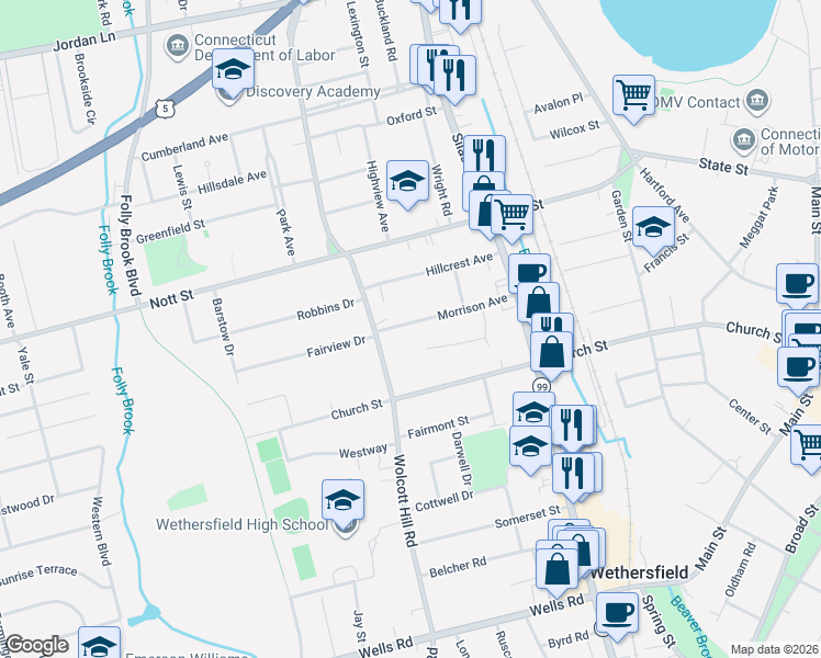 map of restaurants, bars, coffee shops, grocery stores, and more near 2A Morrison Avenue in Wethersfield