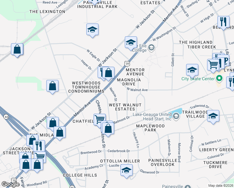 map of restaurants, bars, coffee shops, grocery stores, and more near 59 Nelson Street in Painesville