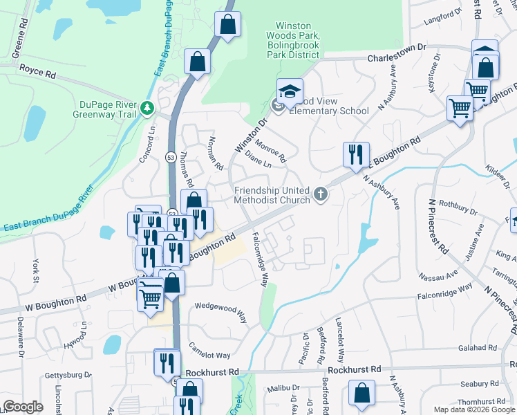 map of restaurants, bars, coffee shops, grocery stores, and more near 508 Jill Lane in Bolingbrook