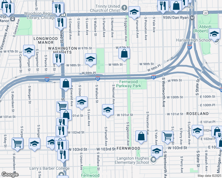 map of restaurants, bars, coffee shops, grocery stores, and more near 9926 South Normal Avenue in Chicago