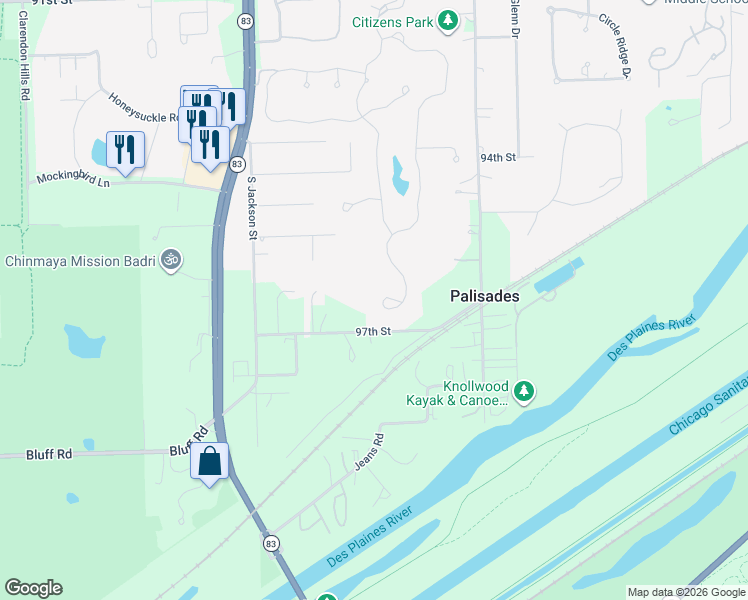 map of restaurants, bars, coffee shops, grocery stores, and more near 16W220 97th Street in Burr Ridge