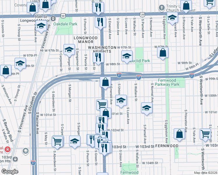 map of restaurants, bars, coffee shops, grocery stores, and more near 9922 South Emerald Avenue in Chicago