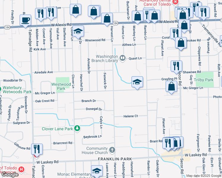 map of restaurants, bars, coffee shops, grocery stores, and more near 5401 Harvest Lane in Toledo
