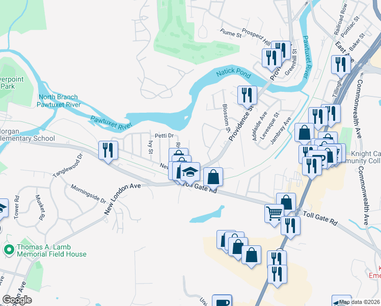 map of restaurants, bars, coffee shops, grocery stores, and more near 450 Providence Street in West Warwick