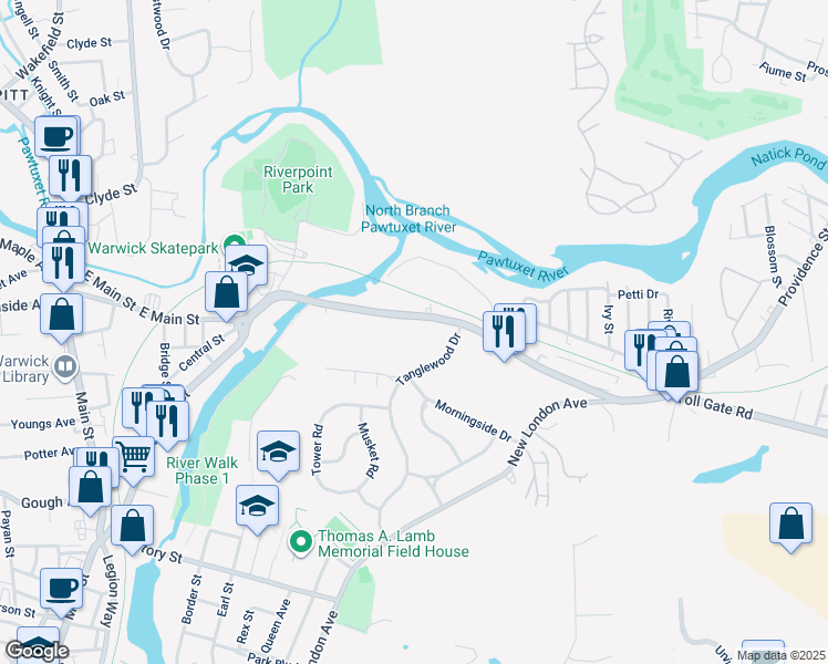 map of restaurants, bars, coffee shops, grocery stores, and more near 213 Providence Street in West Warwick