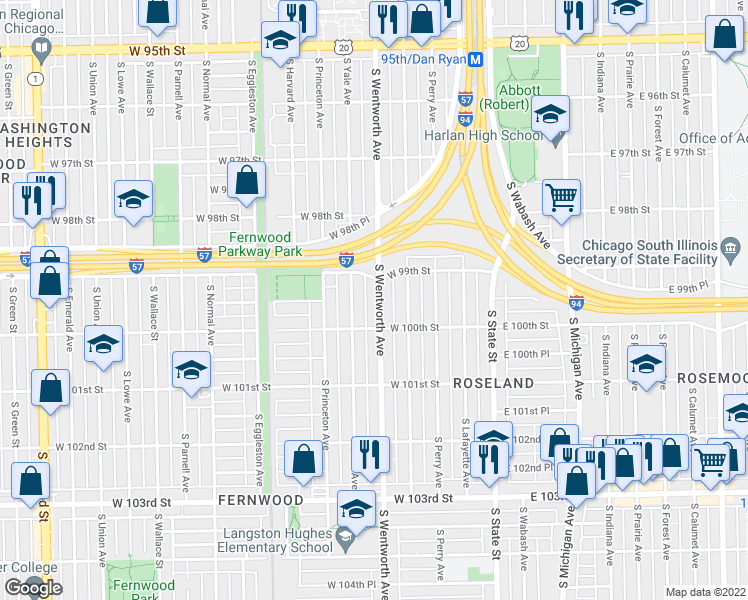 map of restaurants, bars, coffee shops, grocery stores, and more near 9928 South Wentworth Avenue in Chicago