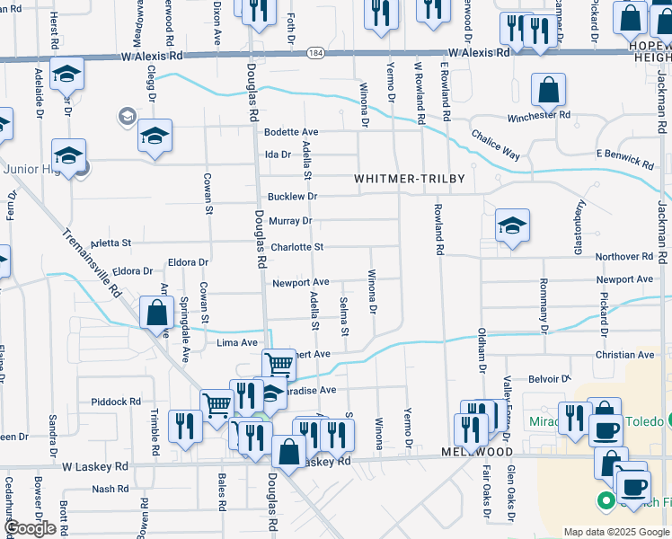 map of restaurants, bars, coffee shops, grocery stores, and more near 2328 Newport Avenue in Toledo