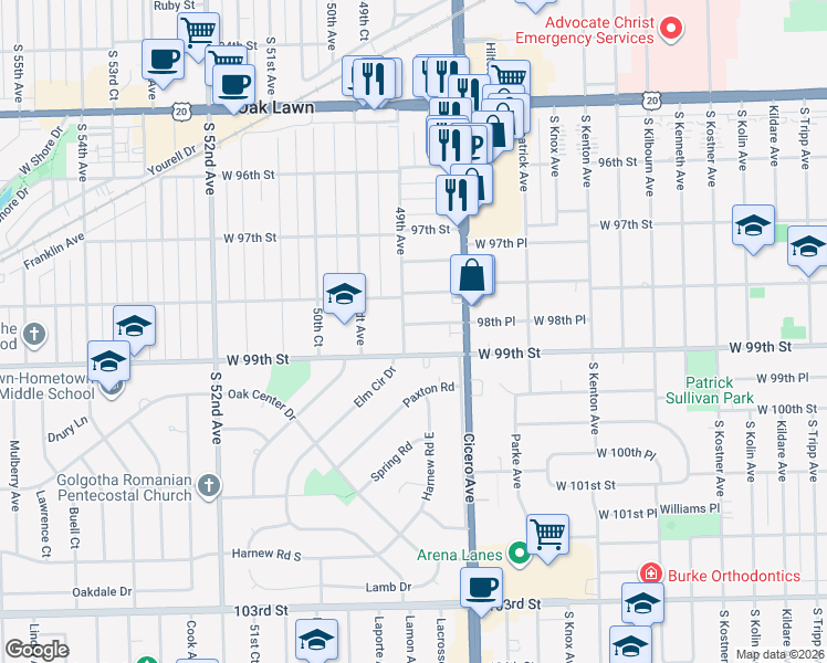 map of restaurants, bars, coffee shops, grocery stores, and more near 4843 98th Place in Oak Lawn