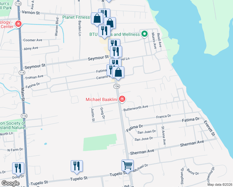 map of restaurants, bars, coffee shops, grocery stores, and more near 659 Metacom Avenue in Warren