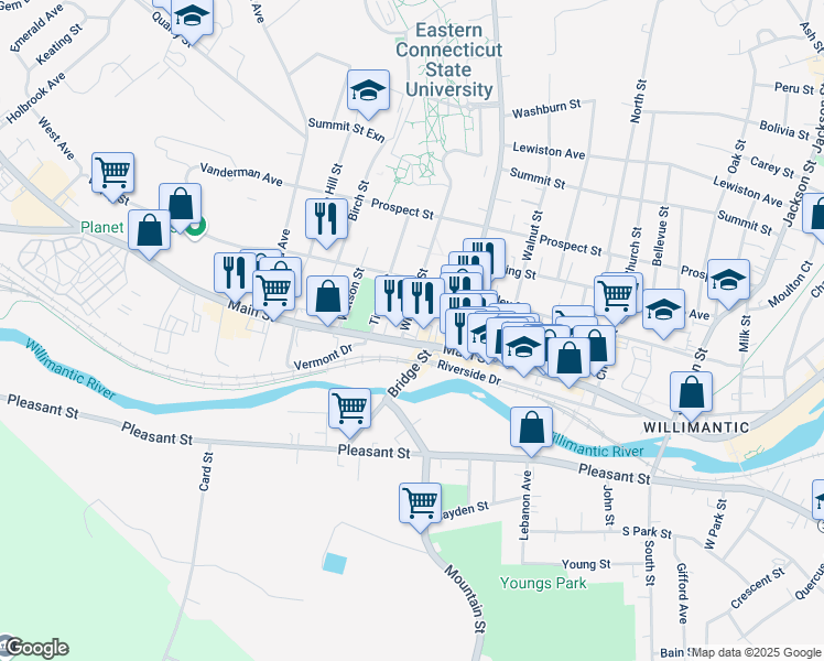map of restaurants, bars, coffee shops, grocery stores, and more near 1031 Main Street in Windham