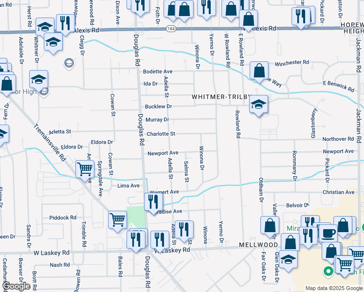 map of restaurants, bars, coffee shops, grocery stores, and more near 2328 Newport Avenue in Toledo