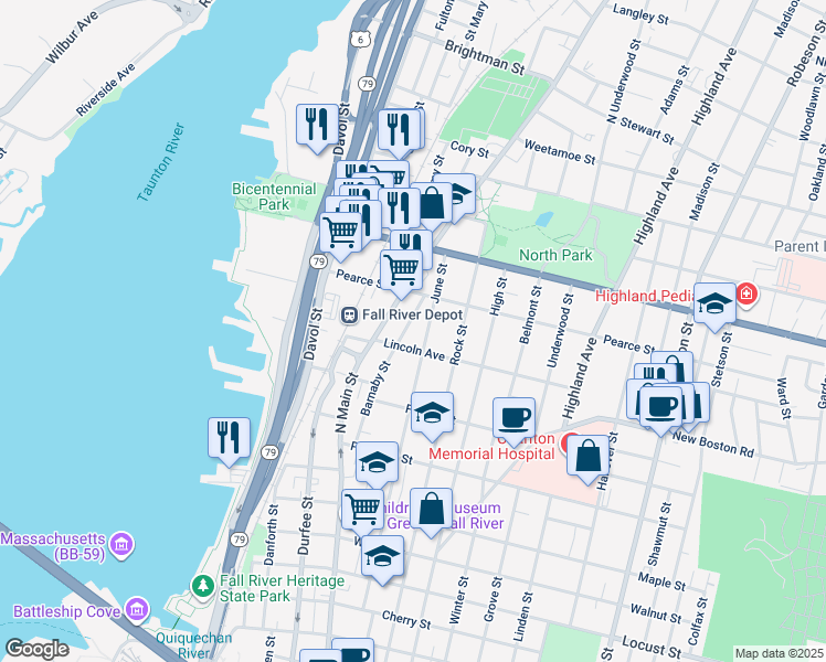 map of restaurants, bars, coffee shops, grocery stores, and more near 601 June Street in Fall River