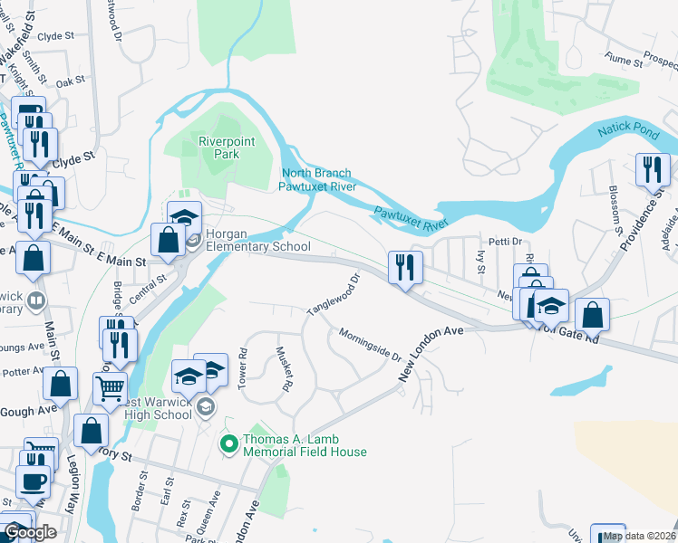 map of restaurants, bars, coffee shops, grocery stores, and more near 233 Providence Street in West Warwick