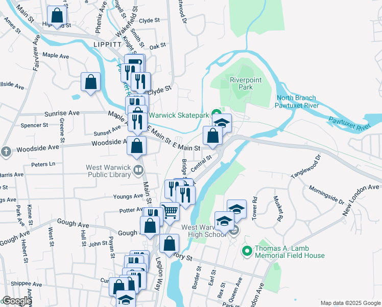 map of restaurants, bars, coffee shops, grocery stores, and more near 33 Bridge Street in West Warwick