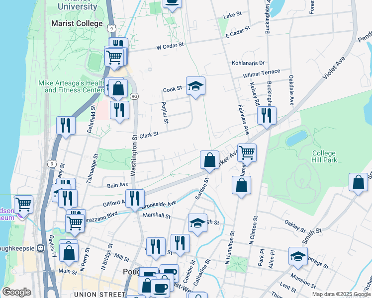 map of restaurants, bars, coffee shops, grocery stores, and more near 72 Taylor Avenue in Poughkeepsie