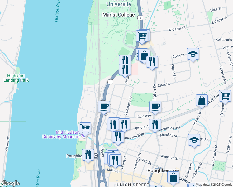 map of restaurants, bars, coffee shops, grocery stores, and more near 25 Whinfield Street in Poughkeepsie