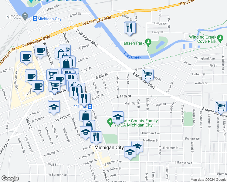 map of restaurants, bars, coffee shops, grocery stores, and more near 402 East 10th Street in Michigan City