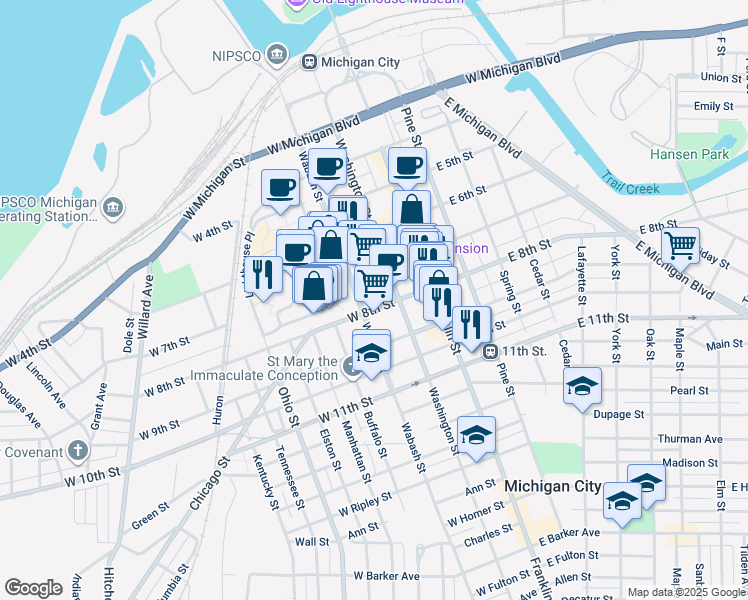 map of restaurants, bars, coffee shops, grocery stores, and more near 201-299 W 8th St in Michigan City