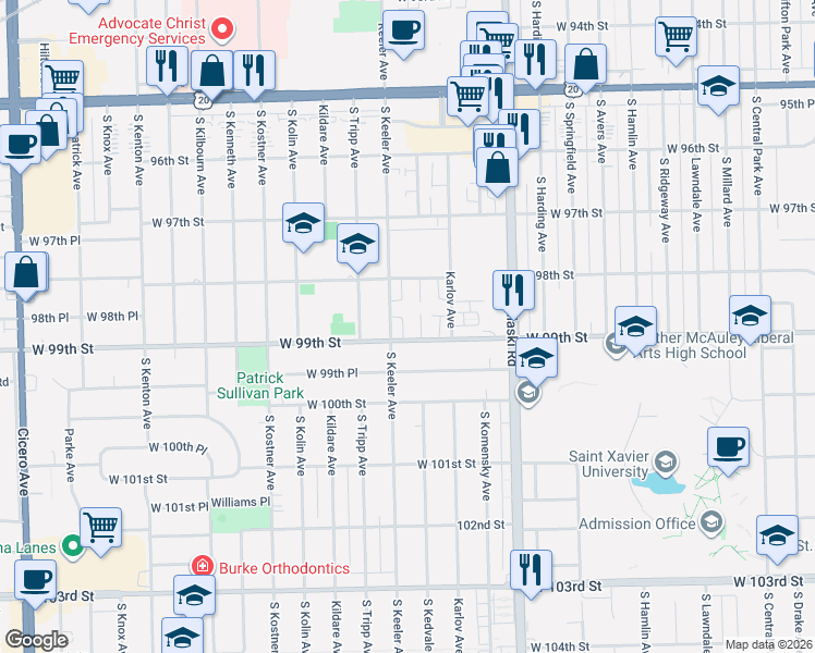 map of restaurants, bars, coffee shops, grocery stores, and more near 9823 South Keeler Avenue in Oak Lawn