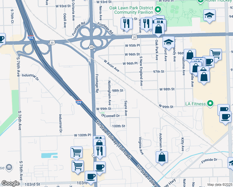 map of restaurants, bars, coffee shops, grocery stores, and more near 7035 98th Street in Chicago Ridge